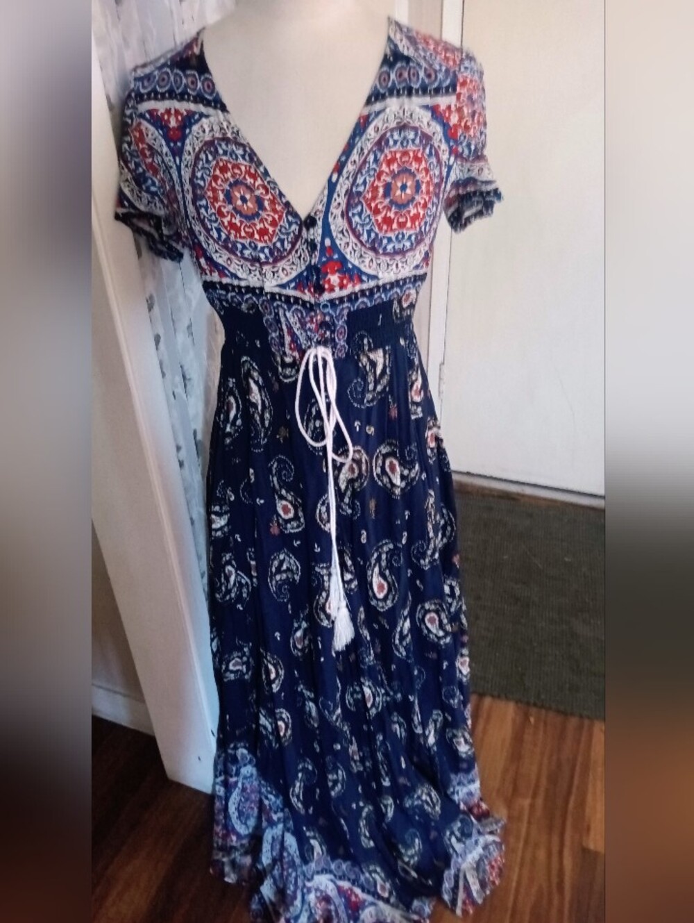 Simplee Bohemian Navy Paisley Maxi Dress Elastic Tassel Tie Waist  Size S
